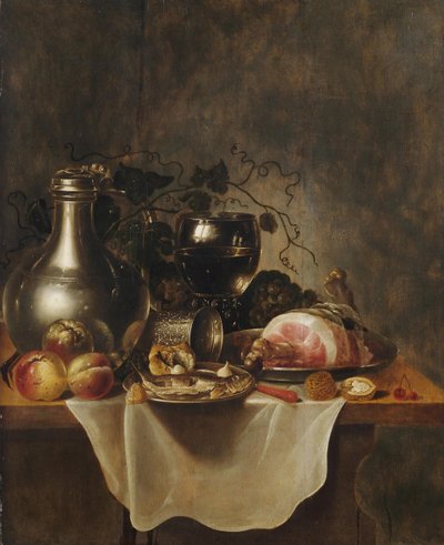 Still Life with Pewter Jug, Roemer Glass, and Ham by Cornelis Cruys